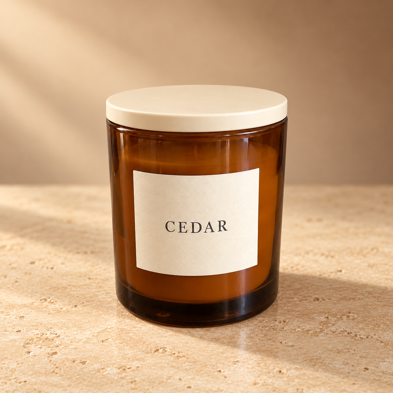 Illustrative edited photo of a fictional CEDAR candle, with warm studio lighting